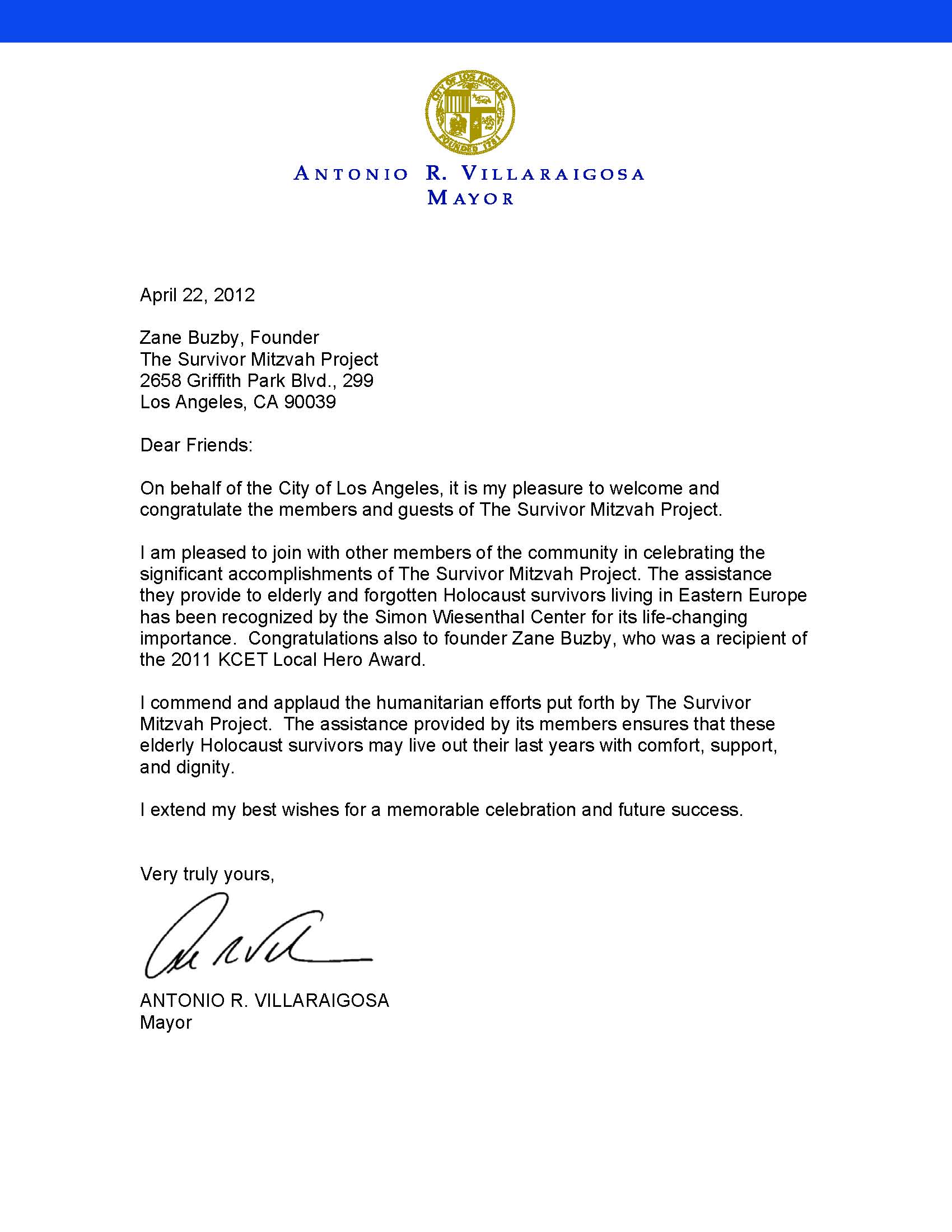 Letter from Mayor Villaraigosa